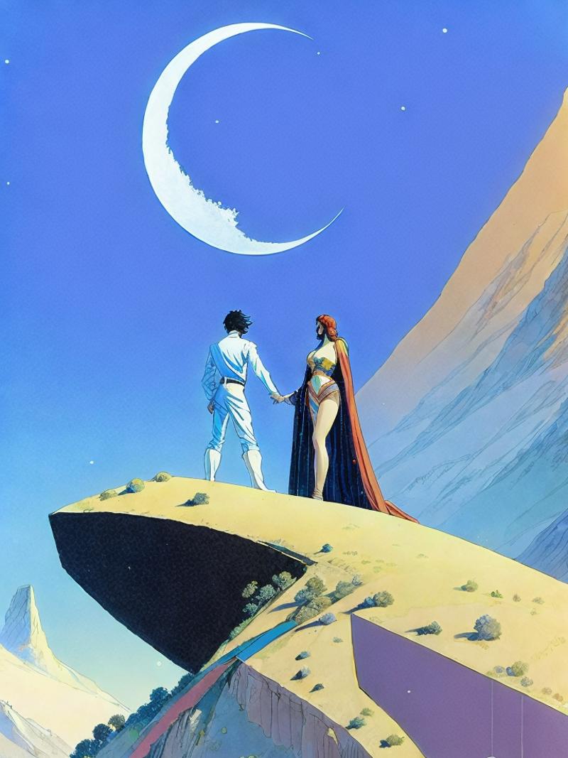 00698-2293845666-a painting of two people standing on top of a hill with a giant moon in the background by Moebius Jean Giraud.png